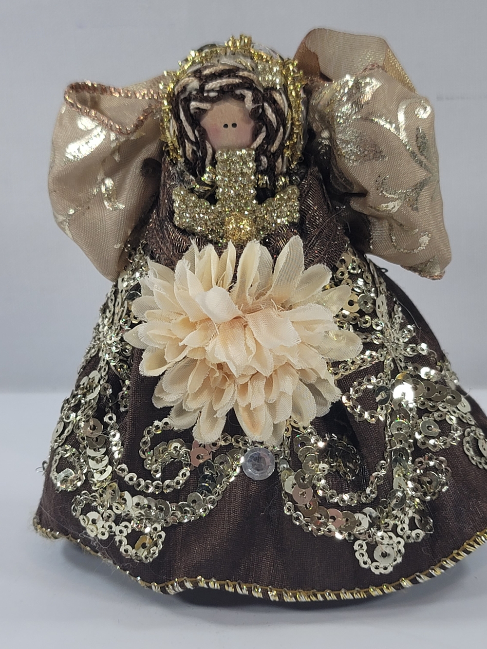 Decorative Wood Fabric Sequin Brown and Gold Angel Figurine